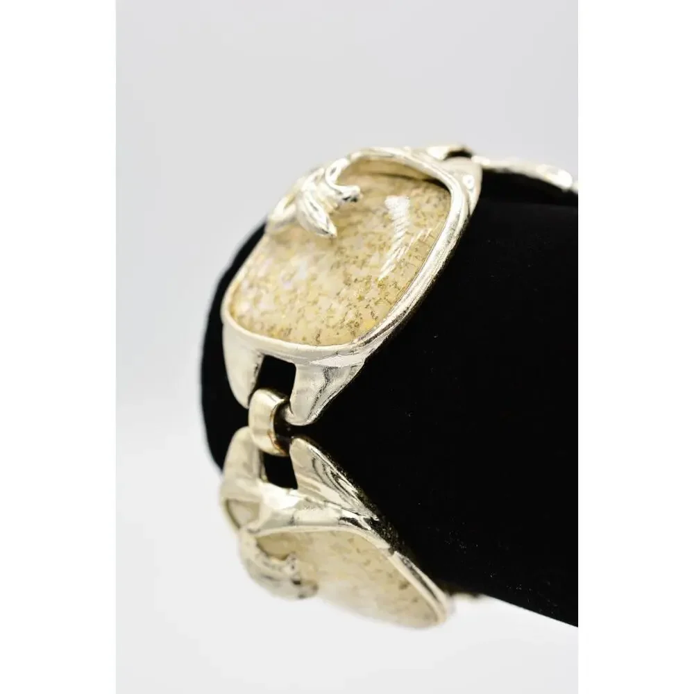 Vintage Lucite Cabochon Bracelet Bold Holographic Foil Silver Chunky 1960s Bin8